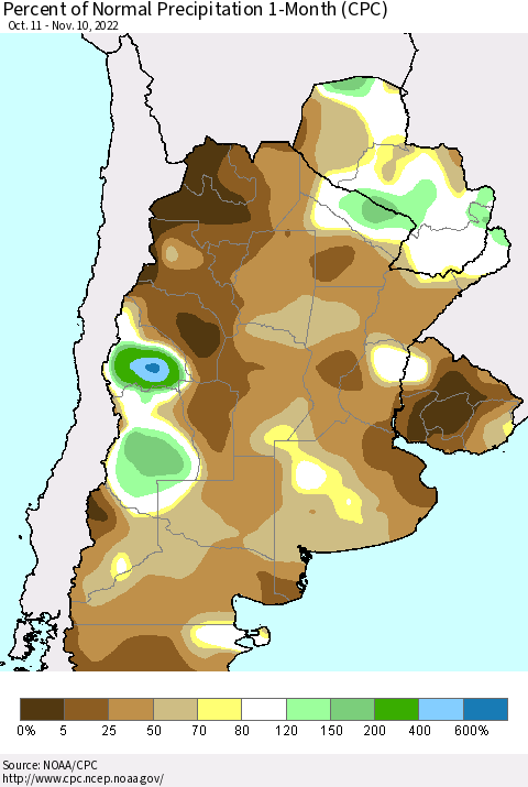 Southern South America Percent of Normal Precipitation 1-Month (CPC) Thematic Map For 10/11/2022 - 11/10/2022
