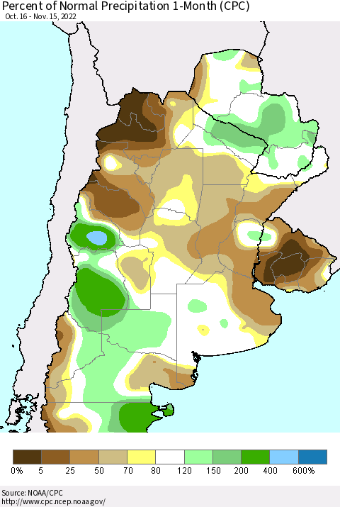 Southern South America Percent of Normal Precipitation 1-Month (CPC) Thematic Map For 10/16/2022 - 11/15/2022