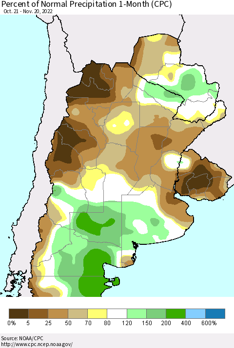Southern South America Percent of Normal Precipitation 1-Month (CPC) Thematic Map For 10/21/2022 - 11/20/2022