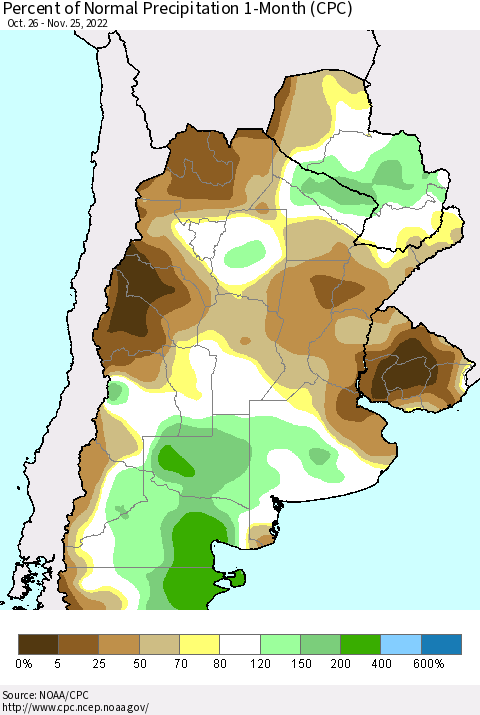 Southern South America Percent of Normal Precipitation 1-Month (CPC) Thematic Map For 10/26/2022 - 11/25/2022