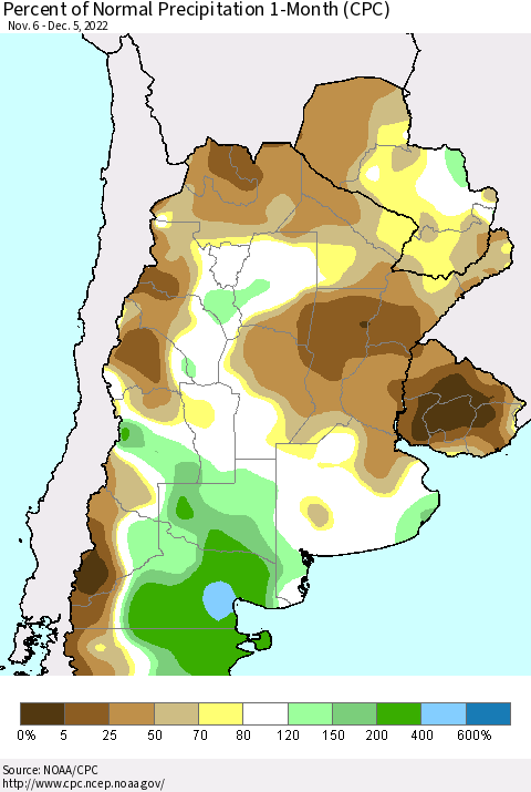 Southern South America Percent of Normal Precipitation 1-Month (CPC) Thematic Map For 11/6/2022 - 12/5/2022