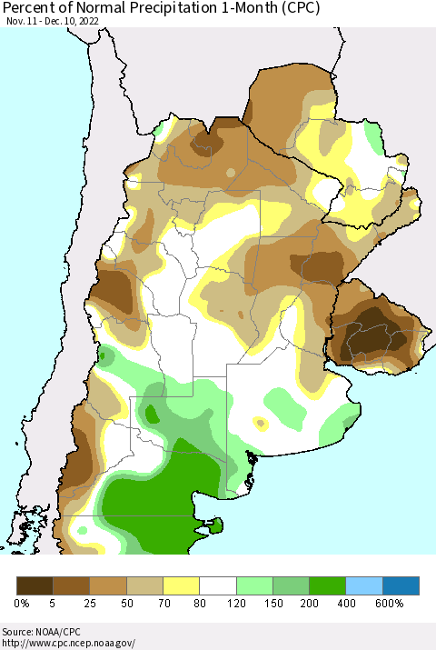 Southern South America Percent of Normal Precipitation 1-Month (CPC) Thematic Map For 11/11/2022 - 12/10/2022