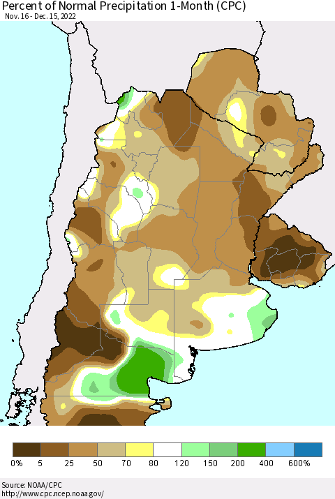 Southern South America Percent of Normal Precipitation 1-Month (CPC) Thematic Map For 11/16/2022 - 12/15/2022