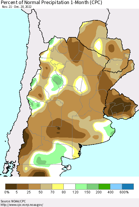 Southern South America Percent of Normal Precipitation 1-Month (CPC) Thematic Map For 11/21/2022 - 12/20/2022