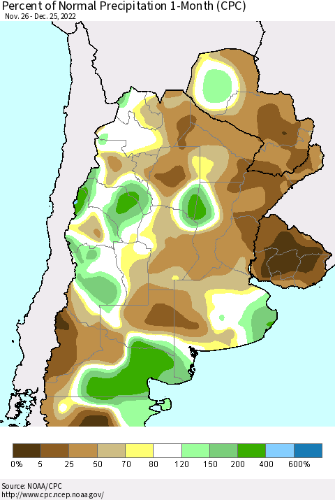 Southern South America Percent of Normal Precipitation 1-Month (CPC) Thematic Map For 11/26/2022 - 12/25/2022