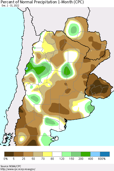 Southern South America Percent of Normal Precipitation 1-Month (CPC) Thematic Map For 12/1/2022 - 12/31/2022