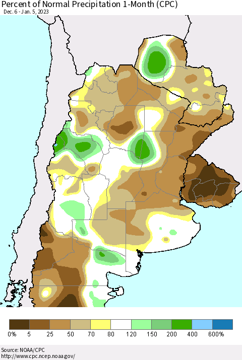 Southern South America Percent of Normal Precipitation 1-Month (CPC) Thematic Map For 12/6/2022 - 1/5/2023