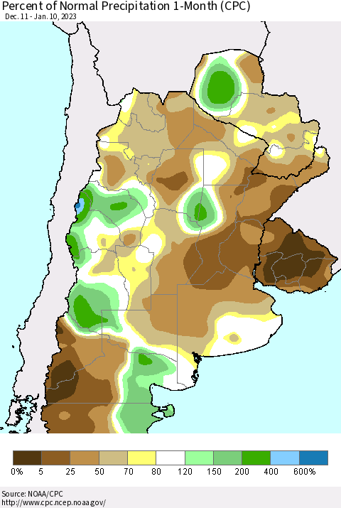 Southern South America Percent of Normal Precipitation 1-Month (CPC) Thematic Map For 12/11/2022 - 1/10/2023