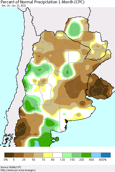 Southern South America Percent of Normal Precipitation 1-Month (CPC) Thematic Map For 12/16/2022 - 1/15/2023