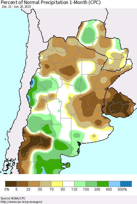 Southern South America Percent of Normal Precipitation 1-Month (CPC) Thematic Map For 12/21/2022 - 1/20/2023