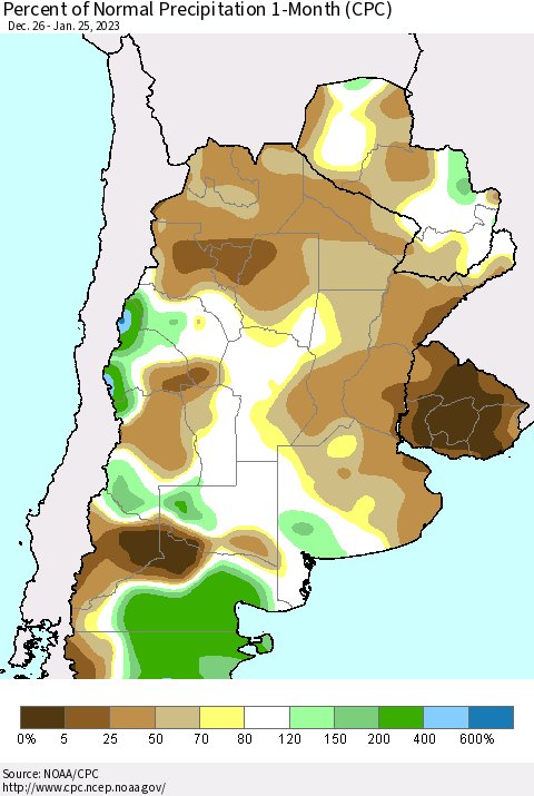 Southern South America Percent of Normal Precipitation 1-Month (CPC) Thematic Map For 12/26/2022 - 1/25/2023