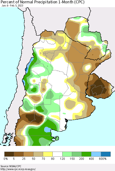 Southern South America Percent of Normal Precipitation 1-Month (CPC) Thematic Map For 1/6/2023 - 2/5/2023