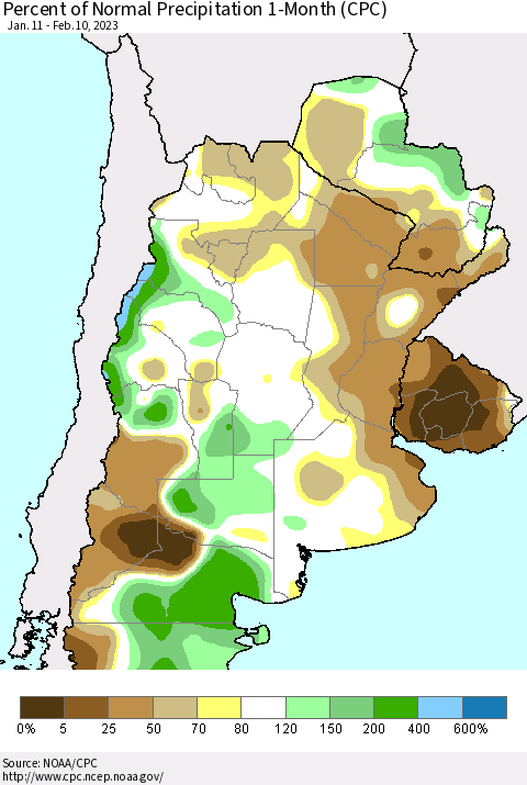 Southern South America Percent of Normal Precipitation 1-Month (CPC) Thematic Map For 1/11/2023 - 2/10/2023