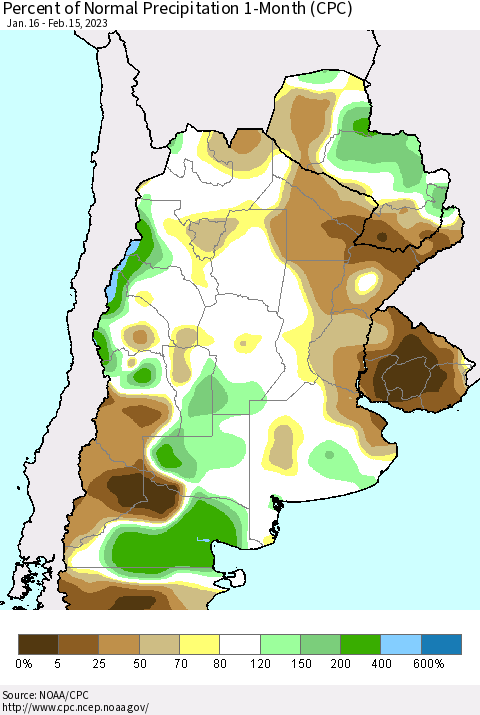 Southern South America Percent of Normal Precipitation 1-Month (CPC) Thematic Map For 1/16/2023 - 2/15/2023