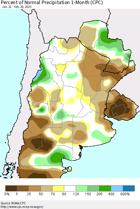 Southern South America Percent of Normal Precipitation 1-Month (CPC) Thematic Map For 1/21/2023 - 2/20/2023