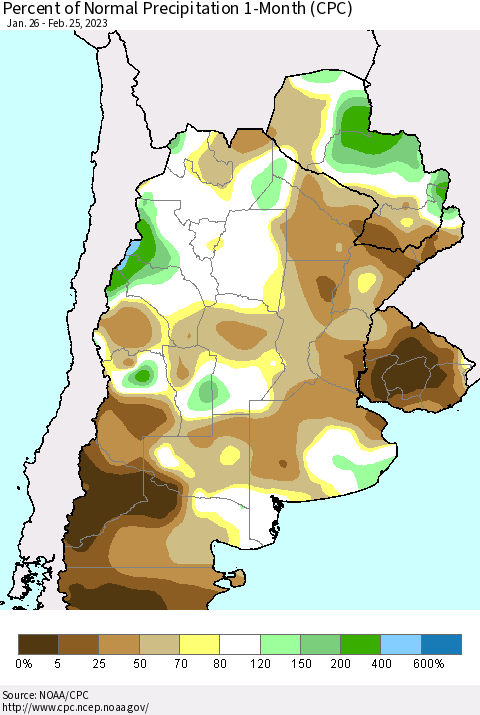 Southern South America Percent of Normal Precipitation 1-Month (CPC) Thematic Map For 1/26/2023 - 2/25/2023