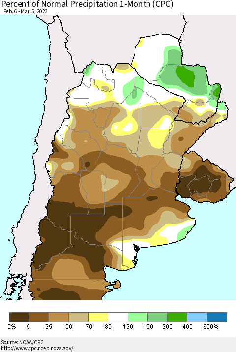 Southern South America Percent of Normal Precipitation 1-Month (CPC) Thematic Map For 2/6/2023 - 3/5/2023