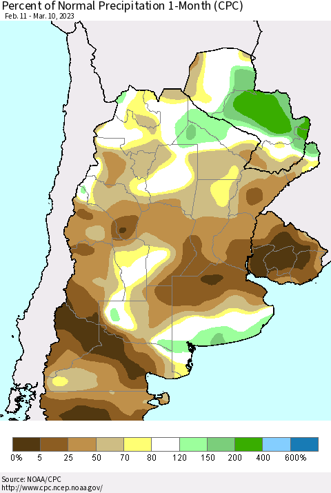 Southern South America Percent of Normal Precipitation 1-Month (CPC) Thematic Map For 2/11/2023 - 3/10/2023
