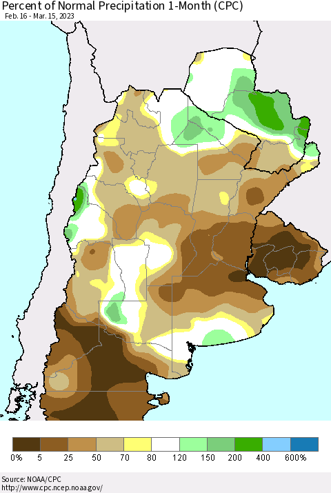Southern South America Percent of Normal Precipitation 1-Month (CPC) Thematic Map For 2/16/2023 - 3/15/2023