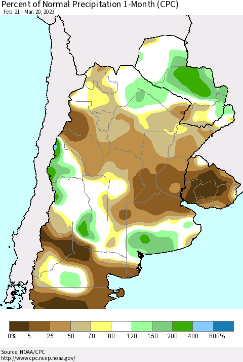 Southern South America Percent of Normal Precipitation 1-Month (CPC) Thematic Map For 2/21/2023 - 3/20/2023