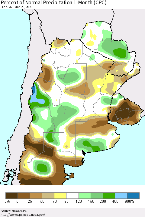 Southern South America Percent of Normal Precipitation 1-Month (CPC) Thematic Map For 2/26/2023 - 3/25/2023