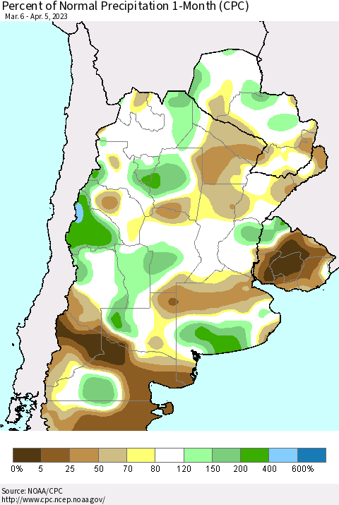 Southern South America Percent of Normal Precipitation 1-Month (CPC) Thematic Map For 3/6/2023 - 4/5/2023