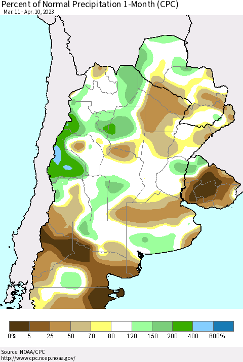 Southern South America Percent of Normal Precipitation 1-Month (CPC) Thematic Map For 3/11/2023 - 4/10/2023