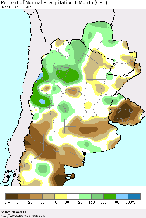 Southern South America Percent of Normal Precipitation 1-Month (CPC) Thematic Map For 3/16/2023 - 4/15/2023