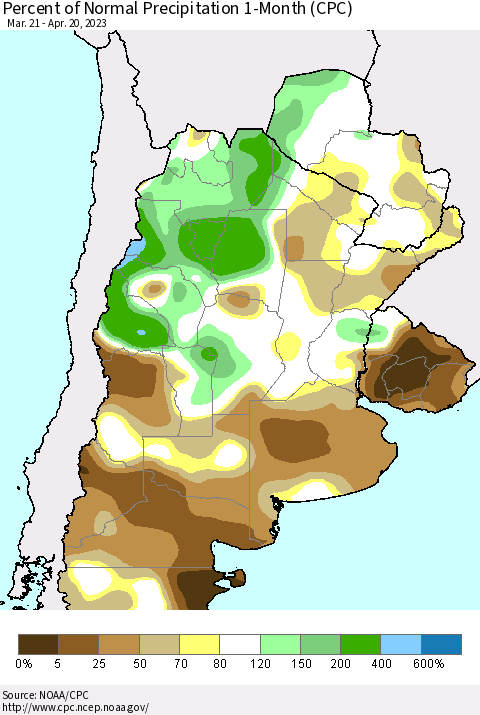 Southern South America Percent of Normal Precipitation 1-Month (CPC) Thematic Map For 3/21/2023 - 4/20/2023