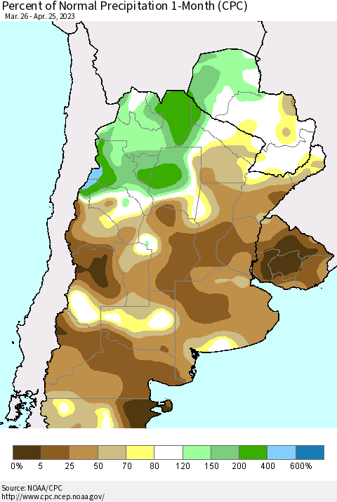Southern South America Percent of Normal Precipitation 1-Month (CPC) Thematic Map For 3/26/2023 - 4/25/2023