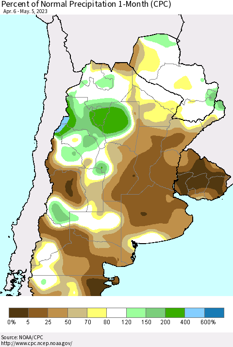 Southern South America Percent of Normal Precipitation 1-Month (CPC) Thematic Map For 4/6/2023 - 5/5/2023