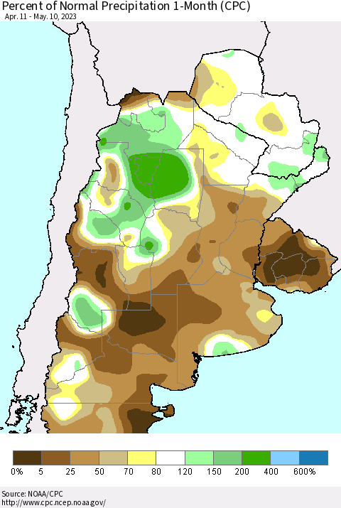 Southern South America Percent of Normal Precipitation 1-Month (CPC) Thematic Map For 4/11/2023 - 5/10/2023