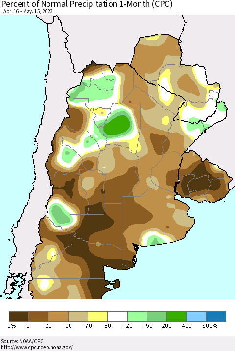 Southern South America Percent of Normal Precipitation 1-Month (CPC) Thematic Map For 4/16/2023 - 5/15/2023