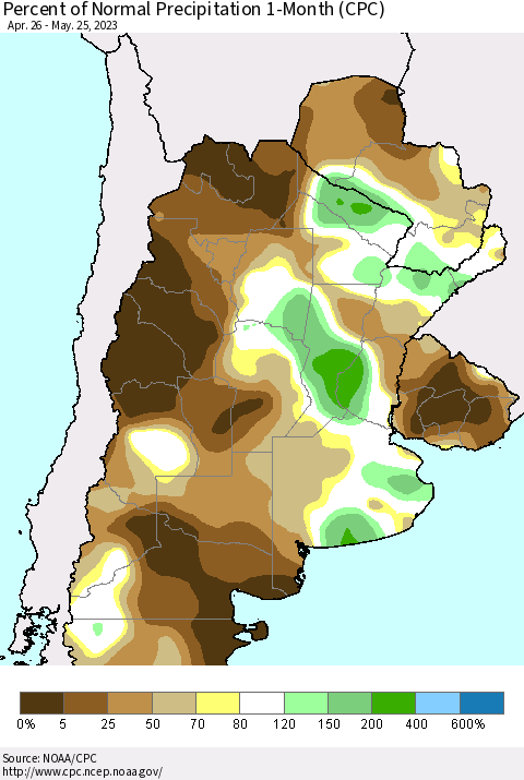 Southern South America Percent of Normal Precipitation 1-Month (CPC) Thematic Map For 4/26/2023 - 5/25/2023