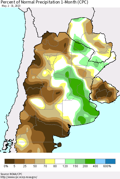 Southern South America Percent of Normal Precipitation 1-Month (CPC) Thematic Map For 5/1/2023 - 5/31/2023