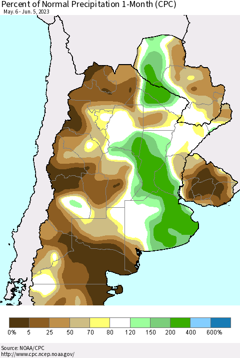 Southern South America Percent of Normal Precipitation 1-Month (CPC) Thematic Map For 5/6/2023 - 6/5/2023