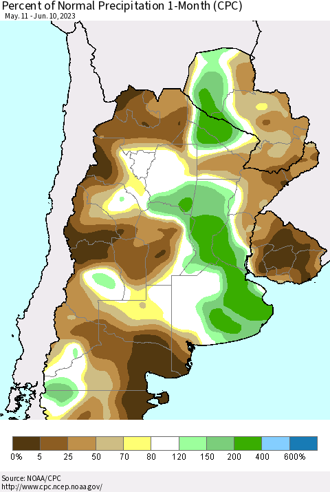 Southern South America Percent of Normal Precipitation 1-Month (CPC) Thematic Map For 5/11/2023 - 6/10/2023