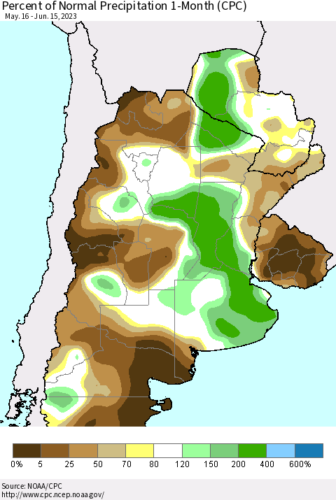 Southern South America Percent of Normal Precipitation 1-Month (CPC) Thematic Map For 5/16/2023 - 6/15/2023