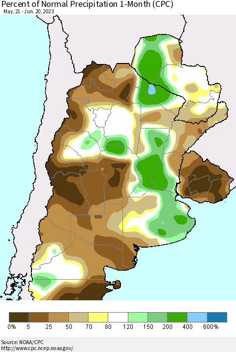 Southern South America Percent of Normal Precipitation 1-Month (CPC) Thematic Map For 5/21/2023 - 6/20/2023