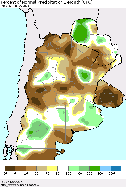 Southern South America Percent of Normal Precipitation 1-Month (CPC) Thematic Map For 5/26/2023 - 6/25/2023