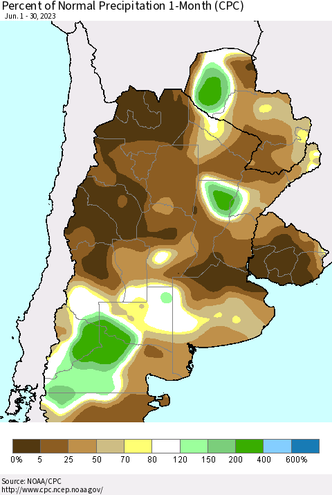 Southern South America Percent of Normal Precipitation 1-Month (CPC) Thematic Map For 6/1/2023 - 6/30/2023