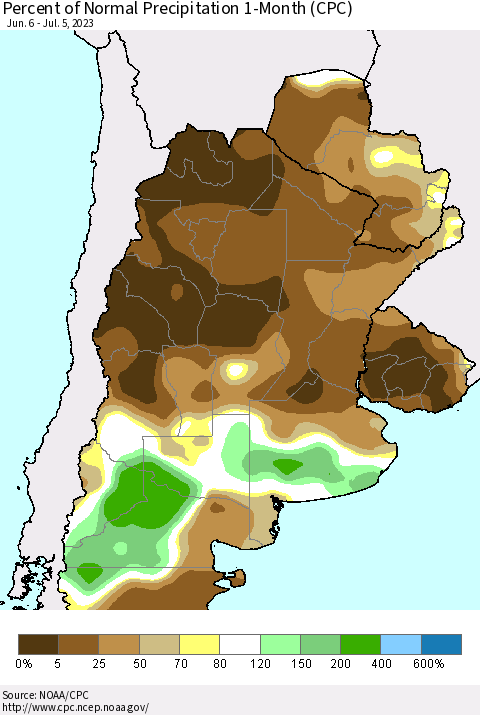 Southern South America Percent of Normal Precipitation 1-Month (CPC) Thematic Map For 6/6/2023 - 7/5/2023