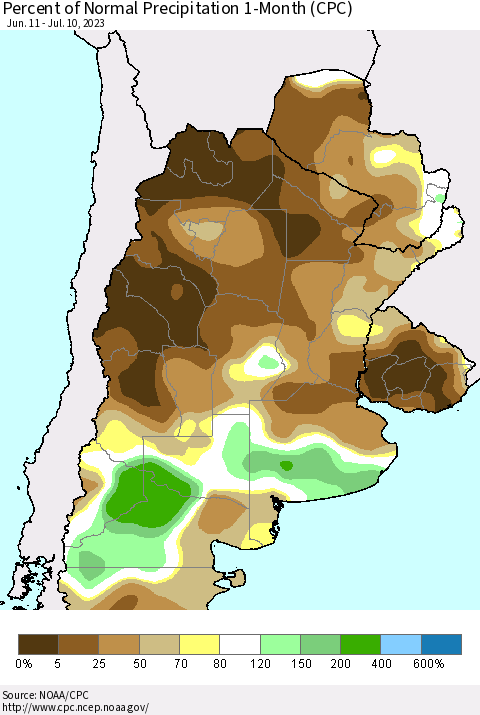 Southern South America Percent of Normal Precipitation 1-Month (CPC) Thematic Map For 6/11/2023 - 7/10/2023