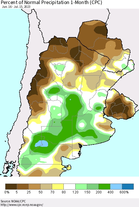 Southern South America Percent of Normal Precipitation 1-Month (CPC) Thematic Map For 6/16/2023 - 7/15/2023