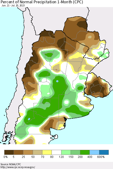 Southern South America Percent of Normal Precipitation 1-Month (CPC) Thematic Map For 6/21/2023 - 7/20/2023