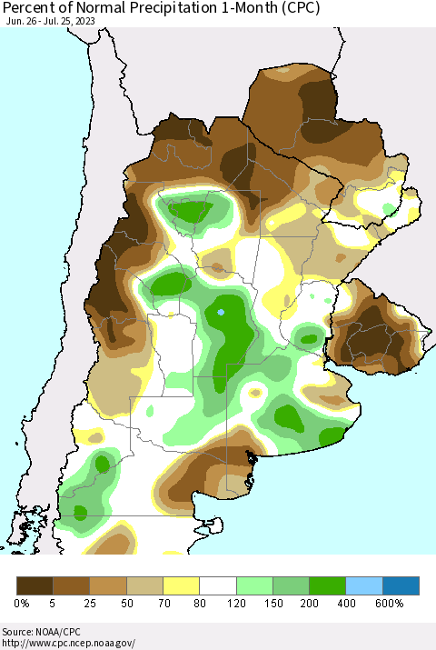 Southern South America Percent of Normal Precipitation 1-Month (CPC) Thematic Map For 6/26/2023 - 7/25/2023