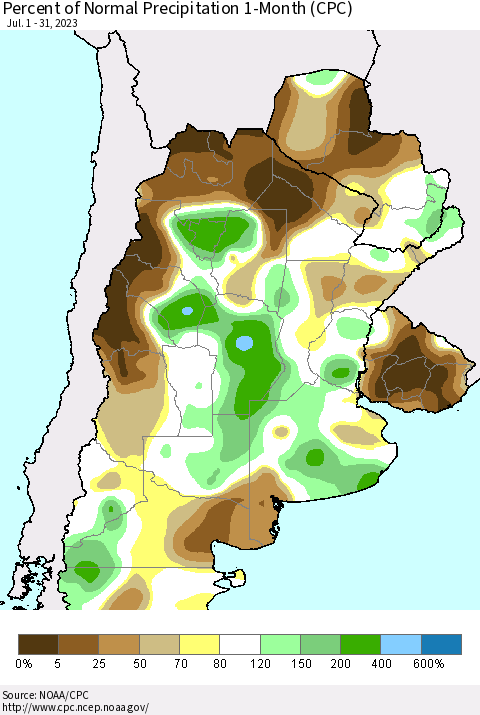 Southern South America Percent of Normal Precipitation 1-Month (CPC) Thematic Map For 7/1/2023 - 7/31/2023