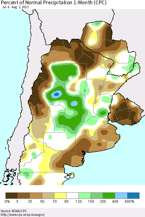 Southern South America Percent of Normal Precipitation 1-Month (CPC) Thematic Map For 7/6/2023 - 8/5/2023