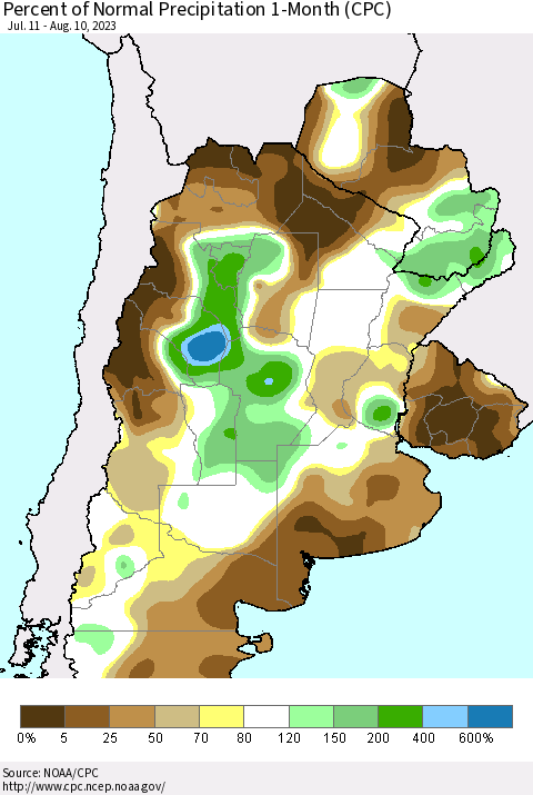 Southern South America Percent of Normal Precipitation 1-Month (CPC) Thematic Map For 7/11/2023 - 8/10/2023