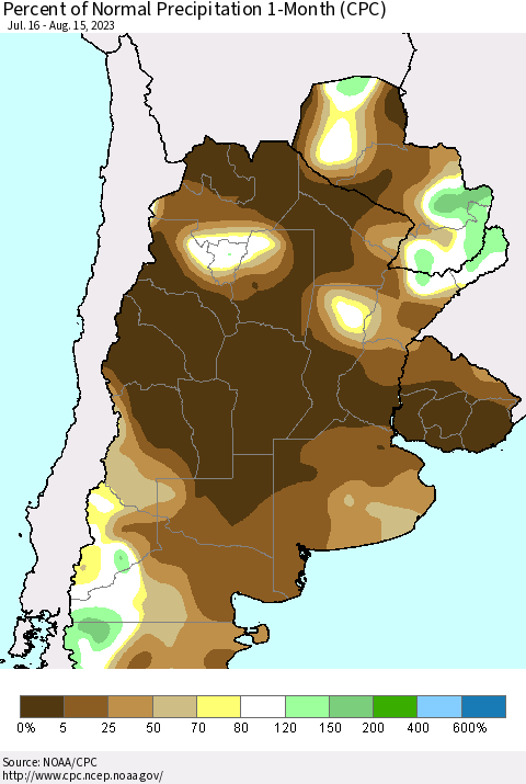 Southern South America Percent of Normal Precipitation 1-Month (CPC) Thematic Map For 7/16/2023 - 8/15/2023